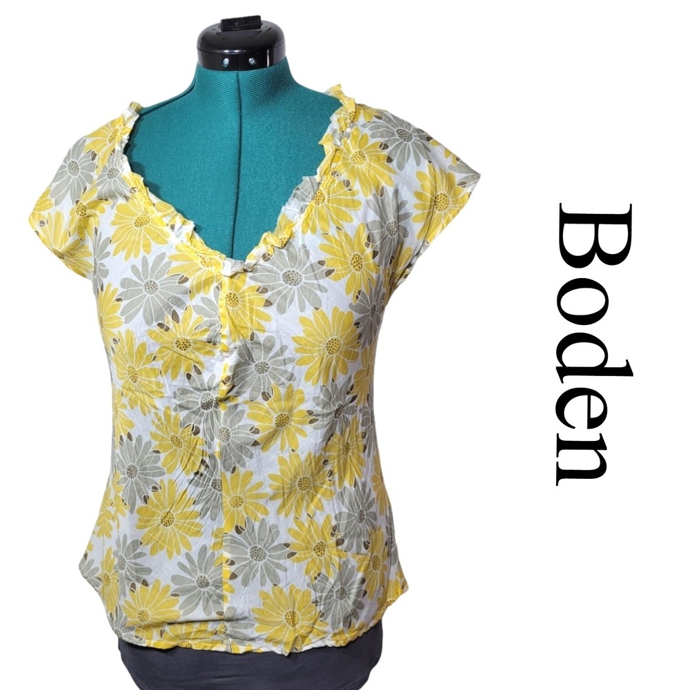 Boden Floral Blouse Womens 18 Yellow‎ Cotton Boho Ruffle Neck Daisy Top
